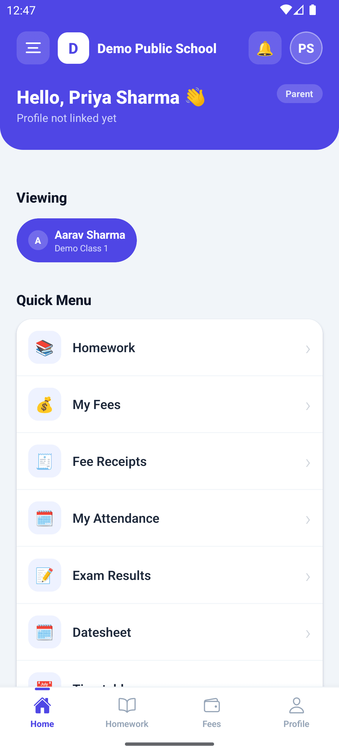NEEV ERP parent app home screen — child selector and quick menu for fees, attendance, exams and homework