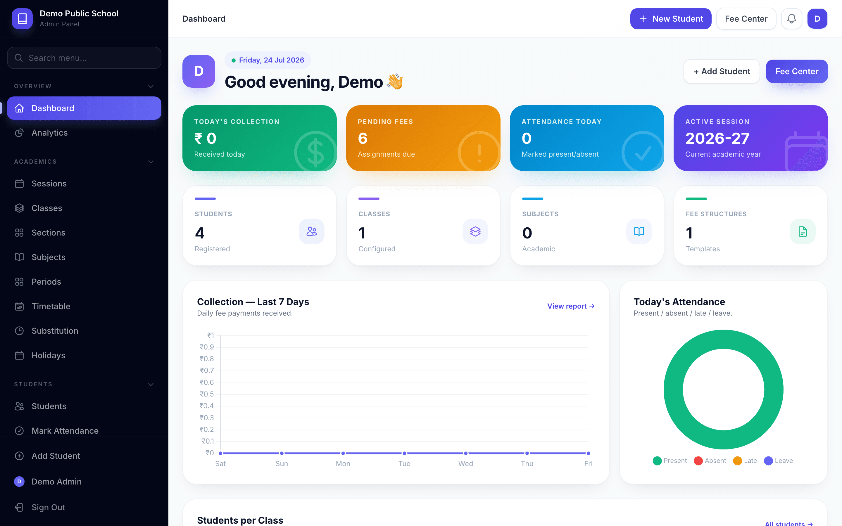 NEEV ERP admin dashboard — fees, attendance and analytics